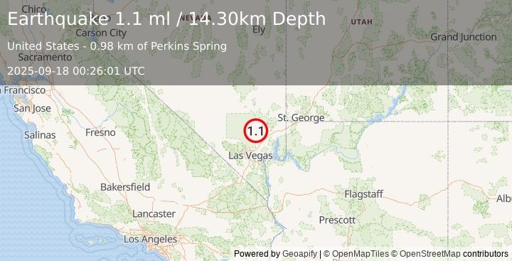 Earthquake 35 km WNW of Moapa Town, Nevada (1.1 ml) (2025-09-18 00:26:01 UTC)