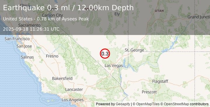 Earthquake 37 km NNW of Indian Springs, Nevada (0.3 ml) (2025-09-18 11:26:31 UTC)
