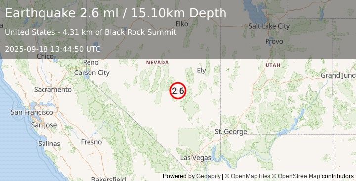 Earthquake 86 km WSW of Preston, Nevada (2.6 ml) (2025-09-18 13:44:50 UTC)