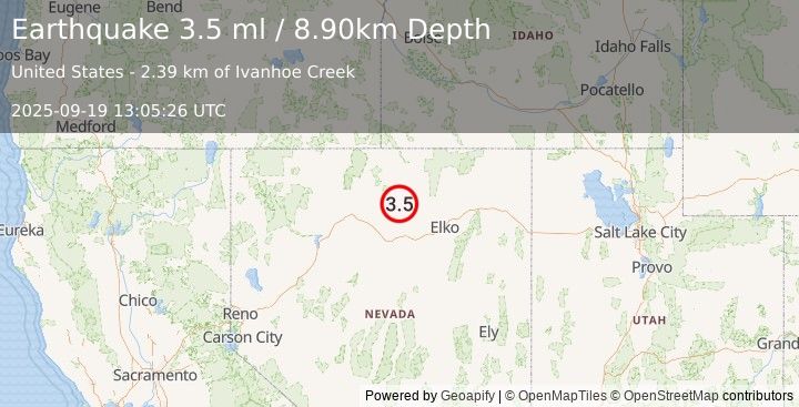 Earthquake 58 km NE of Valmy, Nevada (3.5 ml) (2025-09-19 13:05:26 UTC)