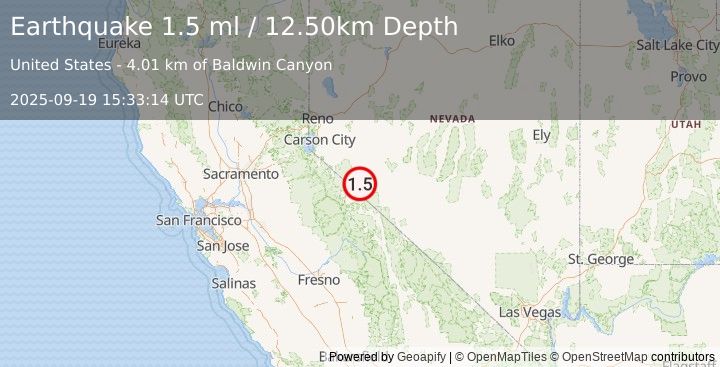 Earthquake 25 km WSW of Hawthorne, Nevada (1.5 ml) (2025-09-19 15:33:14 UTC)