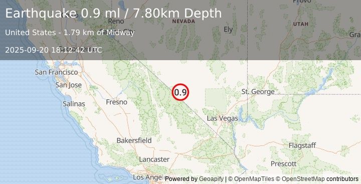 Earthquake 27 km NW of Beatty, Nevada (0.9 ml) (2025-09-20 18:12:42 UTC)