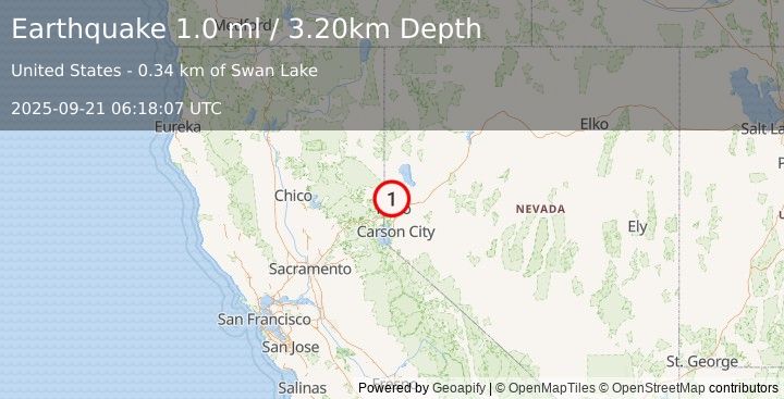 Earthquake 2 km N of Lemmon Valley, Nevada (1.0 ml) (2025-09-21 06:18:07 UTC)