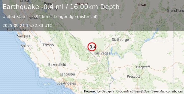 Earthquake 32 km W of Indian Springs, Nevada (-0.4 ml) (2025-09-21 15:32:33 UTC)
