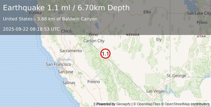 Earthquake 26 km WSW of Hawthorne, Nevada (1.1 ml) (2025-09-22 08:18:53 UTC)