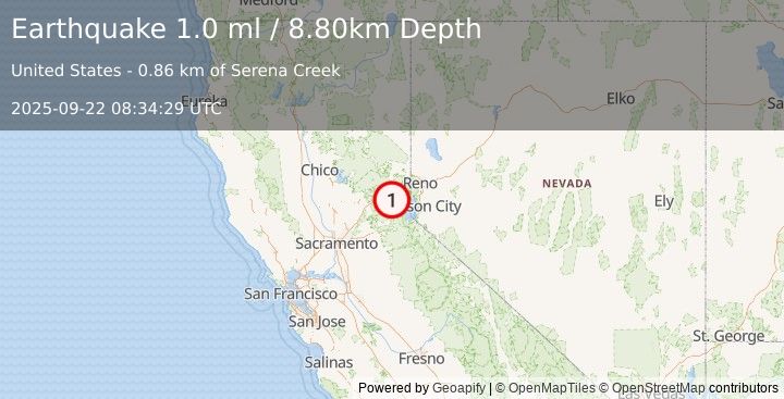 Earthquake 6 km S of Soda Springs, California (1.0 ml) (2025-09-22 08:34:29 UTC)