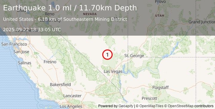 Earthquake 40 km WSW of Alamo, Nevada (1.0 ml) (2025-09-22 18:33:05 UTC)