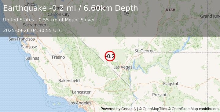 Earthquake 43 km NW of Indian Springs, Nevada (-0.2 ml) (2025-09-26 04:30:55 UTC)