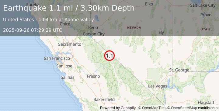 Earthquake 17 km NW of Benton, California (1.1 ml) (2025-09-26 07:29:29 UTC)