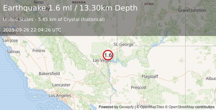 Earthquake 24 km WSW of Moapa Valley, Nevada (1.6 ml) (2025-09-26 22:04:26 UTC)