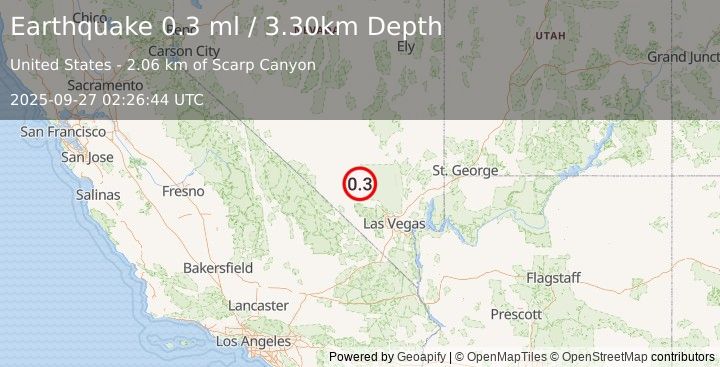 Earthquake 38 km NNW of Indian Springs, Nevada (0.3 ml) (2025-09-27 02:26:44 UTC)