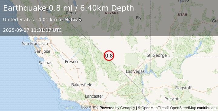 Earthquake 32 km NW of Beatty, Nevada (0.8 ml) (2025-09-27 11:31:37 UTC)