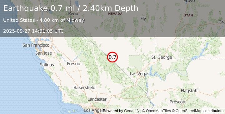 Earthquake 33 km NW of Beatty, Nevada (0.7 ml) (2025-09-27 14:31:05 UTC)