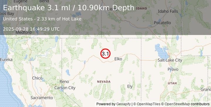 Earthquake 50 km NE of Valmy, Nevada (3.1 ml) (2025-09-28 16:49:29 UTC)