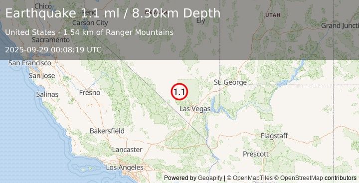 Earthquake 26 km NNW of Indian Springs, Nevada (1.1 ml) (2025-09-29 00:08:19 UTC)