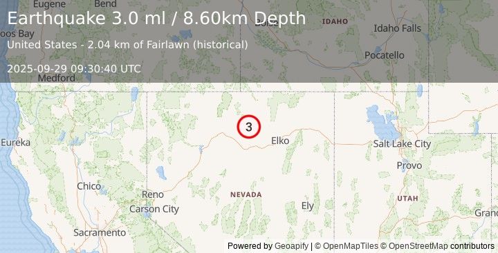 Earthquake 52 km NE of Valmy, Nevada (3.0 ml) (2025-09-29 09:30:40 UTC)