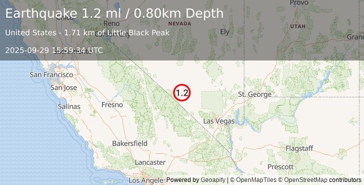 Earthquake 27 km N of Beatty, Nevada (1.2 ml) (2025-09-29 15:59:34 UTC)