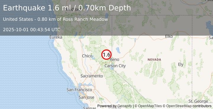 Earthquake 2 km SW of Beckwourth, California (1.6 ml) (2025-10-01 00:43:54 UTC)