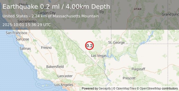 Earthquake 43 km NW of Indian Springs, Nevada (0.2 ml) (2025-10-01 15:36:29 UTC)