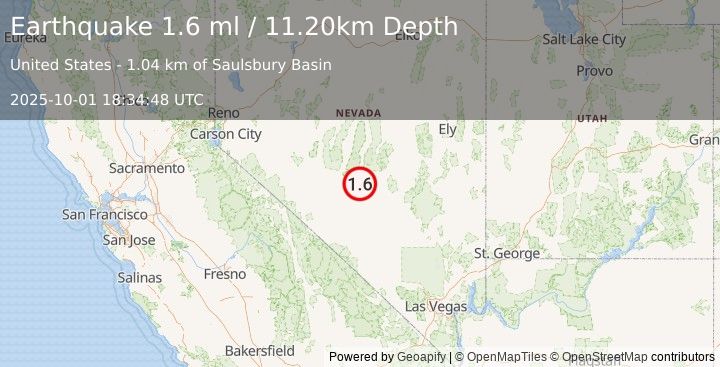 Earthquake 45 km NE of Tonopah, Nevada (1.6 ml) (2025-10-01 18:34:48 UTC)