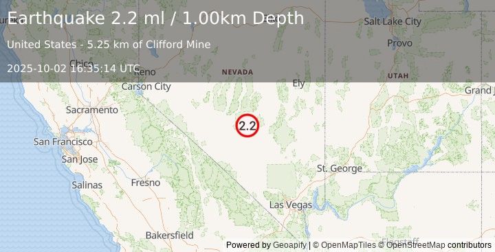 Earthquake 62 km E of Tonopah, Nevada (2.2 ml) (2025-10-02 16:35:14 UTC)