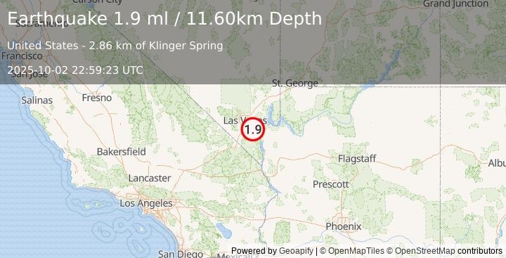Earthquake 7 km WSW of Boulder City, Nevada (1.9 ml) (2025-10-02 22:59:23 UTC)