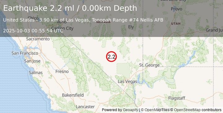 Earthquake 47 km W of Rachel, Nevada (2.2 ml) (2025-10-03 00:55:54 UTC)