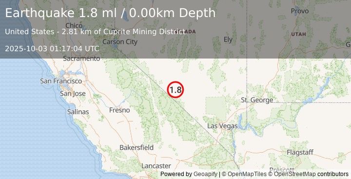 Earthquake 26 km S of Goldfield, Nevada (1.8 ml) (2025-10-03 01:17:04 UTC)