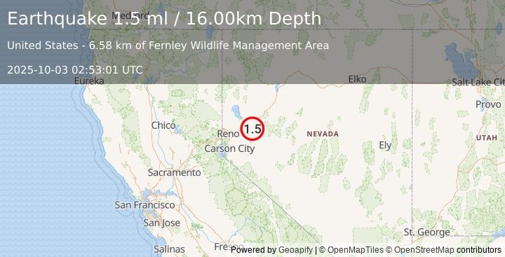 Earthquake 17 km ENE of Fernley, Nevada (1.5 ml) (2025-10-03 02:53:01 UTC)