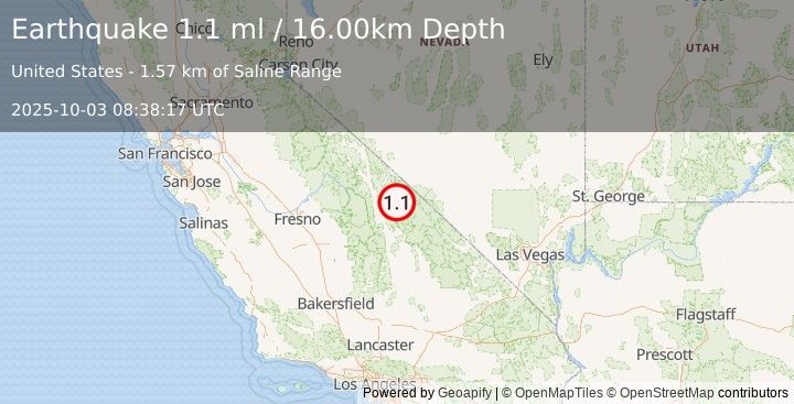 Earthquake 42 km ENE of Independence, California (1.1 ml) (2025-10-03 08:38:17 UTC)