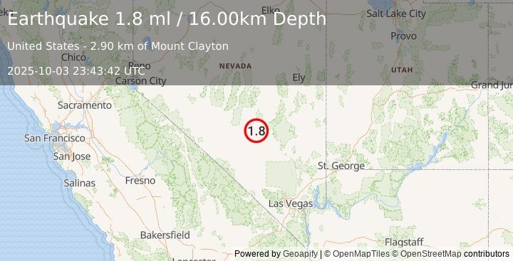 Earthquake 53 km NW of Rachel, Nevada (1.8 ml) (2025-10-03 23:43:42 UTC)