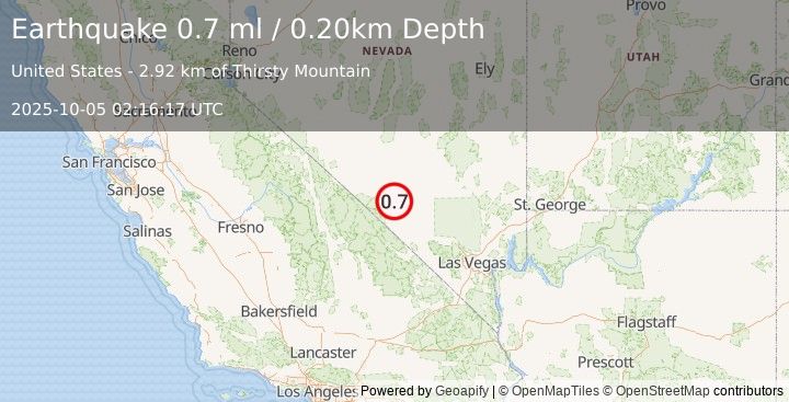 Earthquake 27 km N of Beatty, Nevada (0.7 ml) (2025-10-05 02:16:17 UTC)