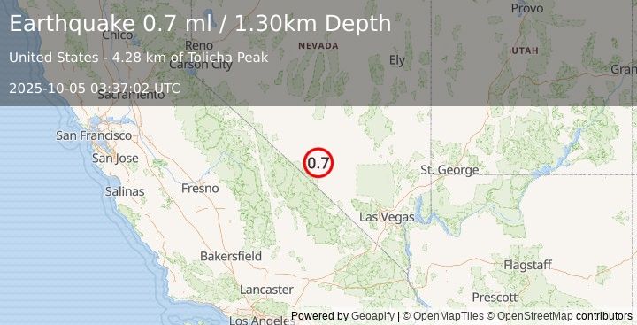 Earthquake 37 km NNW of Beatty, Nevada (0.7 ml) (2025-10-05 03:37:02 UTC)