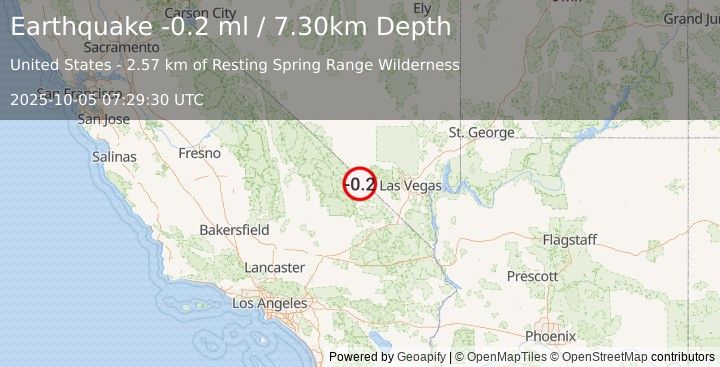 Earthquake 24 km W of Pahrump, Nevada (-0.2 ml) (2025-10-05 07:29:30 UTC)