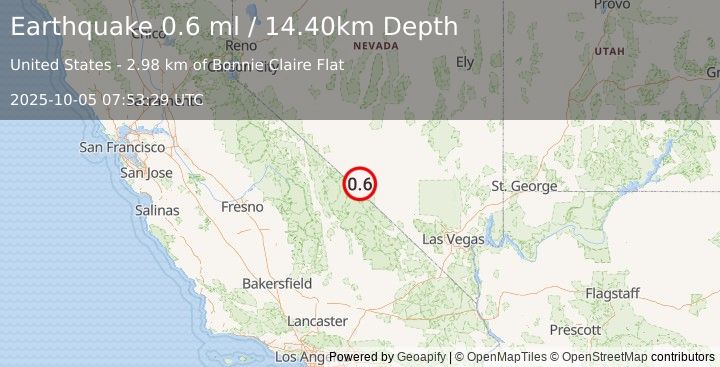 Earthquake 46 km WNW of Beatty, Nevada (0.6 ml) (2025-10-05 07:53:29 UTC)