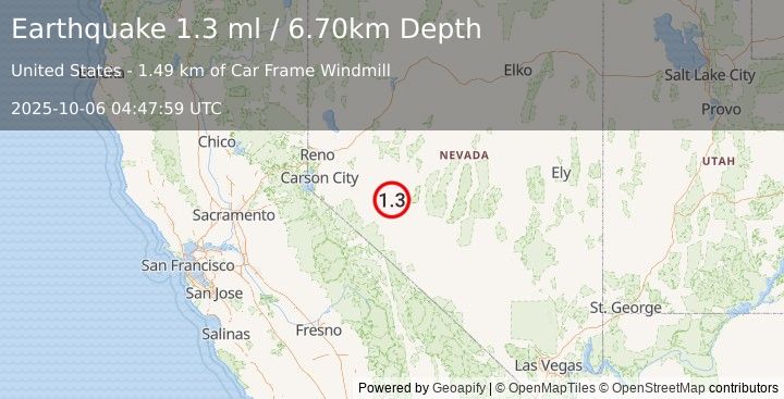 Earthquake 33 km W of Gabbs, Nevada (1.3 ml) (2025-10-06 04:47:59 UTC)