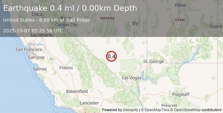 Earthquake 54 km NNE of Beatty, Nevada (0.4 ml) (2025-10-07 05:25:56 UTC)