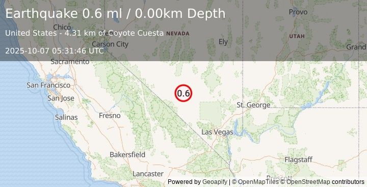 Earthquake 61 km ESE of Goldfield, Nevada (0.6 ml) (2025-10-07 05:31:46 UTC)