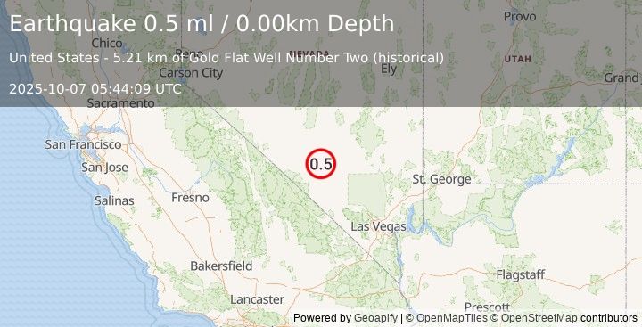 Earthquake 57 km NNE of Beatty, Nevada (0.5 ml) (2025-10-07 05:44:09 UTC)