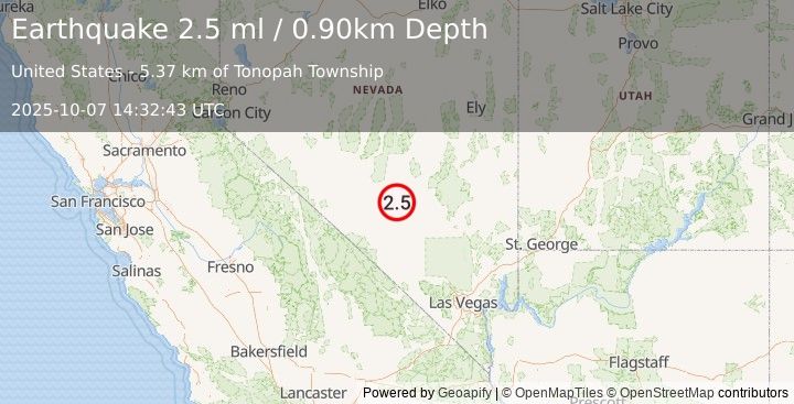 Earthquake 64 km WNW of Rachel, Nevada (2.5 ml) (2025-10-07 14:32:43 UTC)