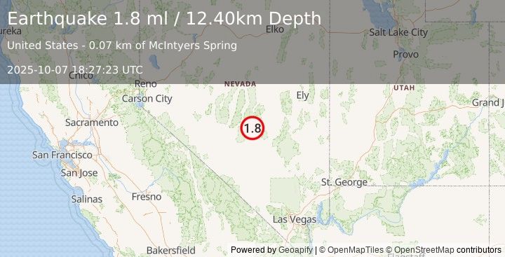 Earthquake 78 km ENE of Tonopah, Nevada (1.8 ml) (2025-10-07 18:27:23 UTC)
