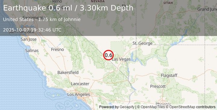 Earthquake 23 km NNW of Pahrump, Nevada (0.6 ml) (2025-10-07 19:32:46 UTC)