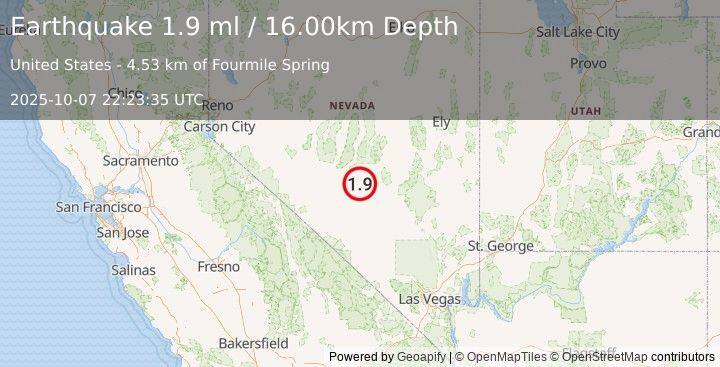 Earthquake 50 km ENE of Tonopah, Nevada (1.9 ml) (2025-10-07 22:23:35 UTC)