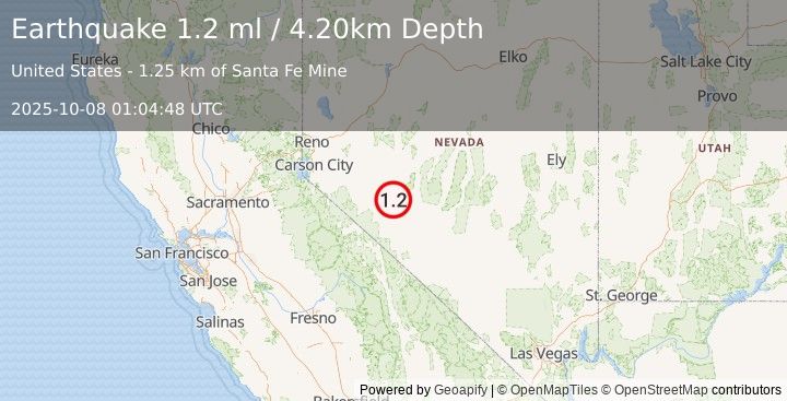 Earthquake 24 km NNW of Mina, Nevada (1.2 ml) (2025-10-08 01:04:48 UTC)