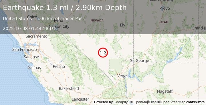 Earthquake 57 km W of Rachel, Nevada (1.3 ml) (2025-10-08 01:44:58 UTC)