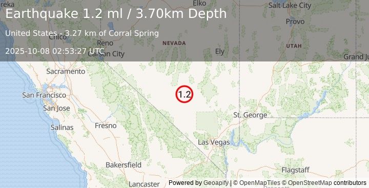 Earthquake 60 km WNW of Rachel, Nevada (1.2 ml) (2025-10-08 02:53:27 UTC)