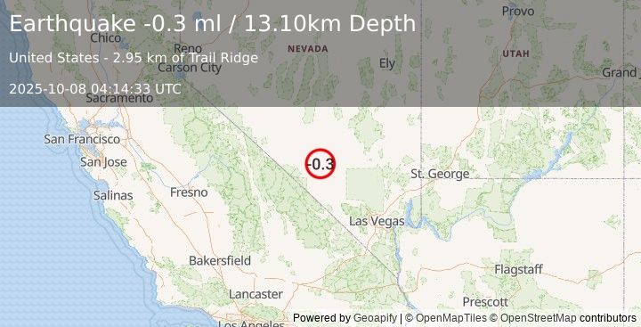 Earthquake 47 km NNE of Beatty, Nevada (-0.3 ml) (2025-10-08 04:14:33 UTC)
