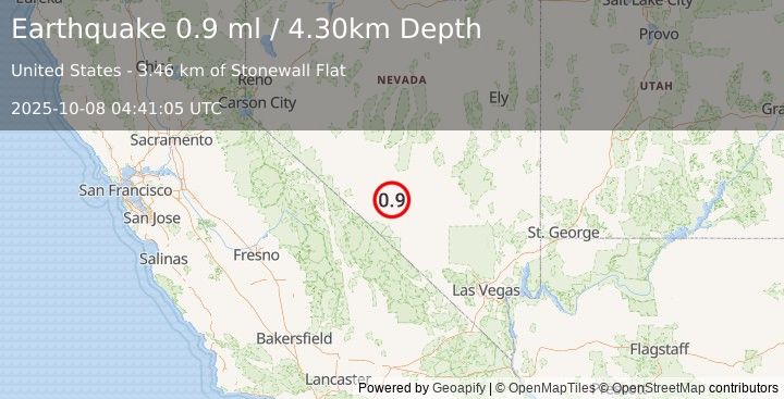 Earthquake 19 km ESE of Goldfield, Nevada (0.9 ml) (2025-10-08 04:41:05 UTC)