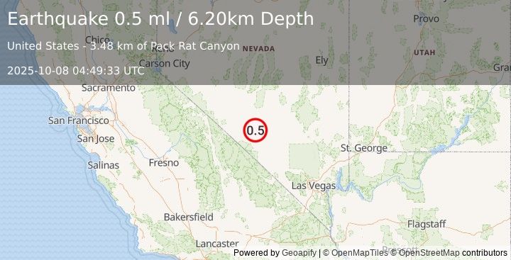 Earthquake 31 km SE of Goldfield, Nevada (0.5 ml) (2025-10-08 04:49:33 UTC)