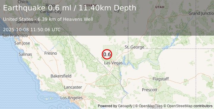 Earthquake 10 km NNE of Indian Springs, Nevada (0.6 ml) (2025-10-08 11:50:06 UTC)
